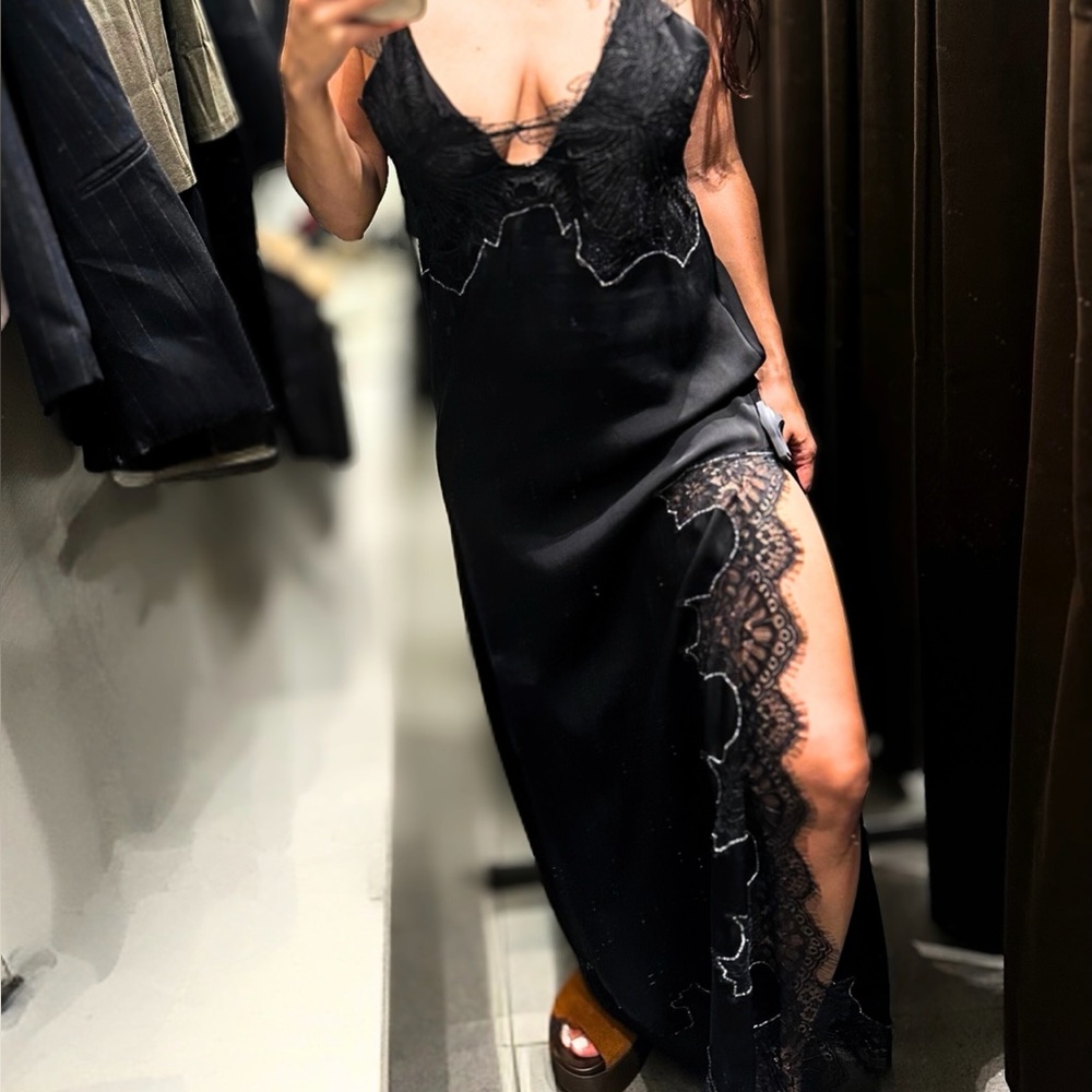 ZARA Black Lace Satin Maxi Slip Dress with Side Slit (NWT)